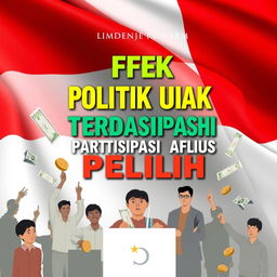 A book cover design for 'Efek Politik Uang Terhadap Partisipasi Pemilih' creatively integrating the Indonesian flag and the symbol of the Indonesian Rupiah