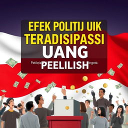 A book cover design for 'Efek Politik Uang Terhadap Partisipasi Pemilih' creatively integrating the Indonesian flag and the symbol of the Indonesian Rupiah