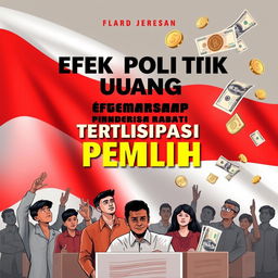 A book cover design for 'Efek Politik Uang Terhadap Partisipasi Pemilih' creatively integrating the Indonesian flag and the symbol of the Indonesian Rupiah