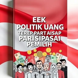 A visually compelling book cover for 'Efek Politik Uang Terhadap Partisipasi Pemilih' that integrates the Indonesian flag and the symbol of the Rupiah currency