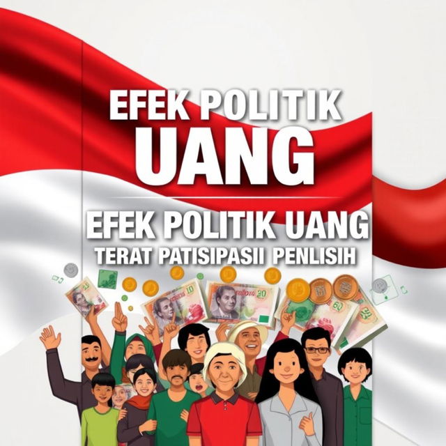 A visually compelling book cover for 'Efek Politik Uang Terhadap Partisipasi Pemilih' that integrates the Indonesian flag and the symbol of the Rupiah currency