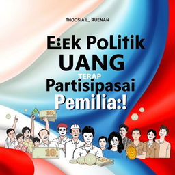A visually compelling book cover for 'Efek Politik Uang Terhadap Partisipasi Pemilih' that integrates the Indonesian flag and the symbol of the Rupiah currency