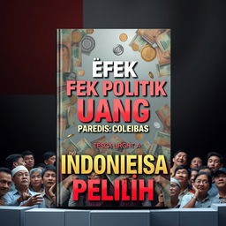 A striking book cover for 'Efek Politik Uang Terhadap Partisipasi Pemilih' that prominently features the Indonesian flag as the backdrop