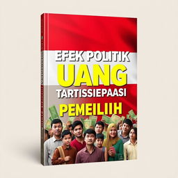 A striking book cover for 'Efek Politik Uang Terhadap Partisipasi Pemilih' that prominently features the Indonesian flag as the backdrop