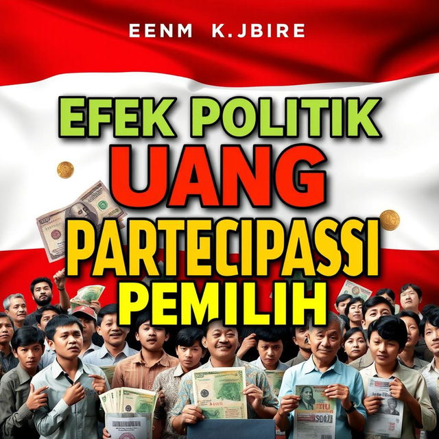 A striking book cover for 'Efek Politik Uang Terhadap Partisipasi Pemilih' that prominently features the Indonesian flag as the backdrop