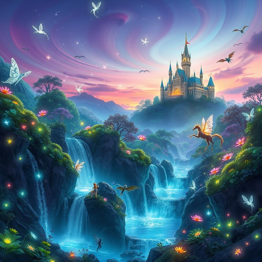 A vibrant and enchanting magical world scene featuring a lush, glowing forest filled with bioluminescent plants that emit soft, radiant light