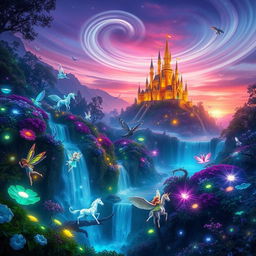 A vibrant and enchanting magical world scene featuring a lush, glowing forest filled with bioluminescent plants that emit soft, radiant light