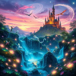 A vibrant and enchanting magical world scene featuring a lush, glowing forest filled with bioluminescent plants that emit soft, radiant light