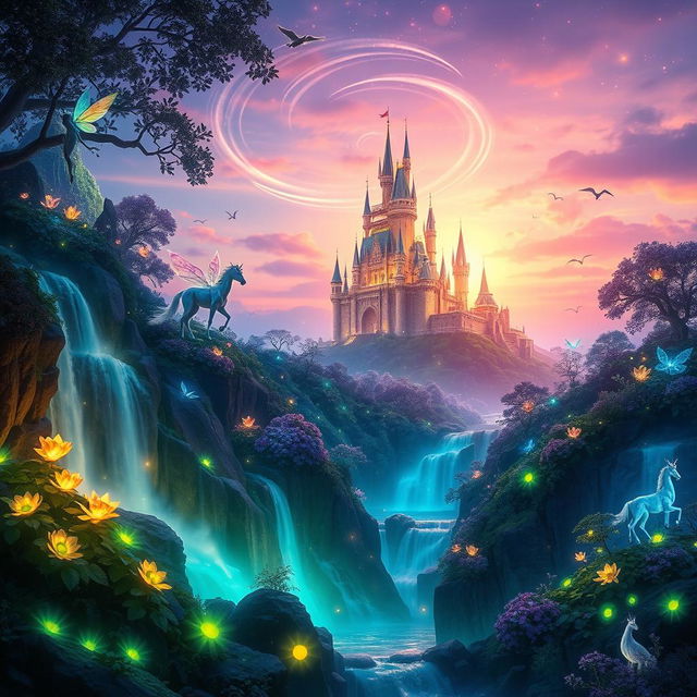 A vibrant and enchanting magical world scene featuring a lush, glowing forest filled with bioluminescent plants that emit soft, radiant light