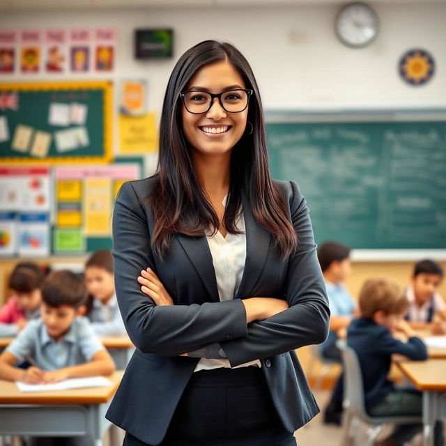 A confident female teacher standing in front of a classroom, smiling, with her arms crossed