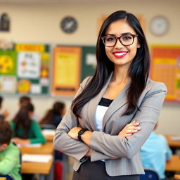 A confident female teacher standing in front of a classroom, smiling, with her arms crossed