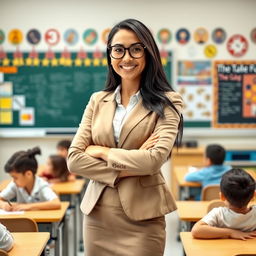 A confident female teacher standing in front of a classroom, smiling, with her arms crossed