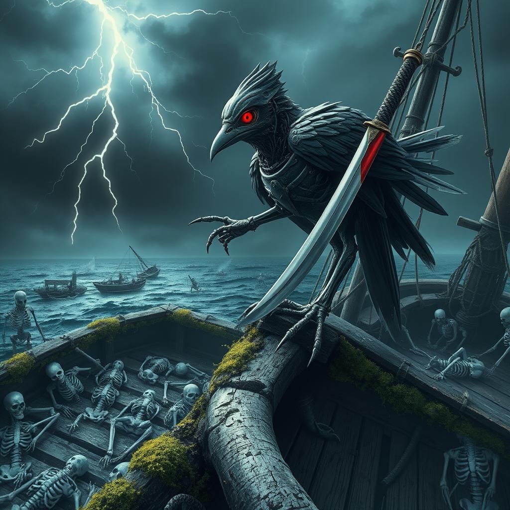 A striking scene featuring a red-eyed cyborg sparrow pirate, holding a katana in its right hand, perched atop the deck of an abandoned ship