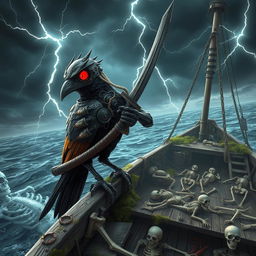 A striking scene featuring a red-eyed cyborg sparrow pirate, holding a katana in its right hand, perched atop the deck of an abandoned ship