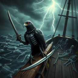 A striking scene featuring a red-eyed cyborg sparrow pirate, holding a katana in its right hand, perched atop the deck of an abandoned ship
