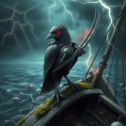 A striking scene featuring a red-eyed cyborg sparrow pirate, holding a katana in its right hand, perched atop the deck of an abandoned ship