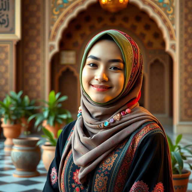 A beautiful Muslim girl wearing a colorful hijab, smiling softly, with an ornate background featuring intricate Islamic patterns and calligraphy