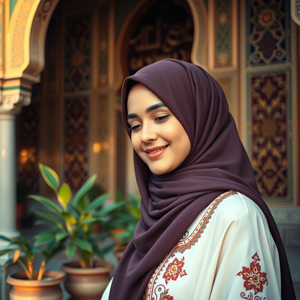 A beautiful Muslim girl wearing a colorful hijab, smiling softly, with an ornate background featuring intricate Islamic patterns and calligraphy