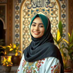 A beautiful Muslim girl wearing a colorful hijab, smiling softly, with an ornate background featuring intricate Islamic patterns and calligraphy