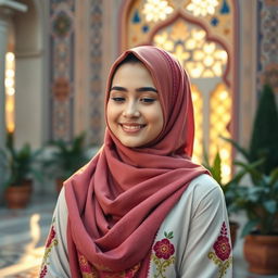 A beautiful Muslim girl wearing a colorful hijab, smiling softly, with an ornate background featuring intricate Islamic patterns and calligraphy
