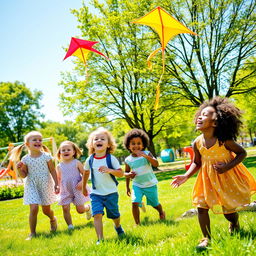 A joyful scene of children playing in a vibrant park