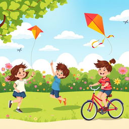 A vibrant, playful vector illustration of children joyfully playing together in a sunny park