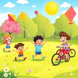 A vibrant, playful vector illustration of children joyfully playing together in a sunny park