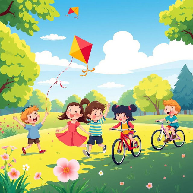 A vibrant, playful vector illustration of children joyfully playing together in a sunny park