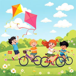 A vibrant, playful vector illustration of children joyfully playing together in a sunny park