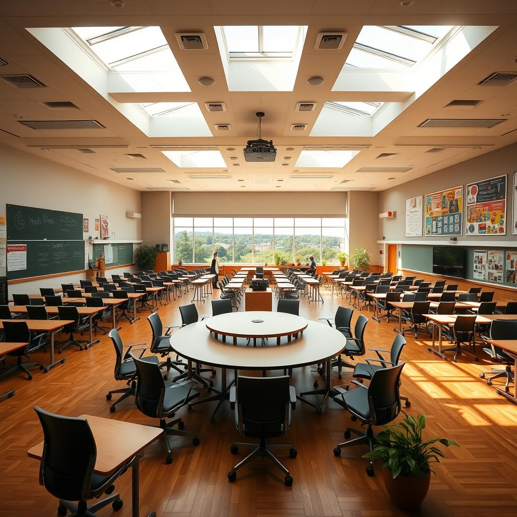 A grand and spacious classroom designed for large groups of students, filled with rows of neatly arranged desks and ergonomic chairs