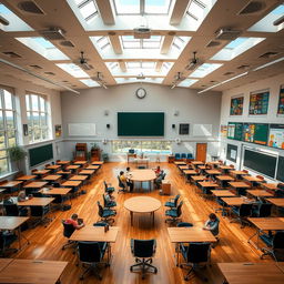 A grand and spacious classroom designed for large groups of students, filled with rows of neatly arranged desks and ergonomic chairs
