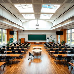 A grand and spacious classroom designed for large groups of students, filled with rows of neatly arranged desks and ergonomic chairs