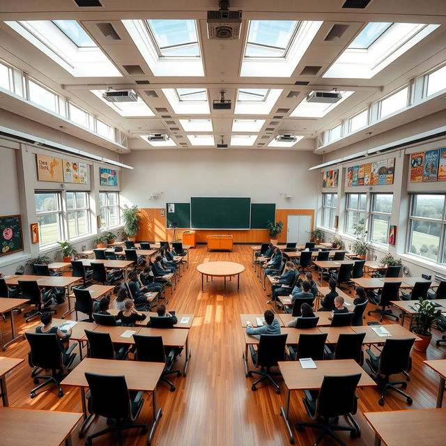 A grand and spacious classroom designed for large groups of students, filled with rows of neatly arranged desks and ergonomic chairs