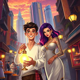 A modern reinterpretation of the classic Aladdin story, featuring a captivating street scene in a bustling urban marketplace
