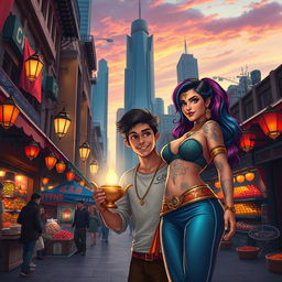 A modern reinterpretation of the classic Aladdin story, featuring a captivating street scene in a bustling urban marketplace