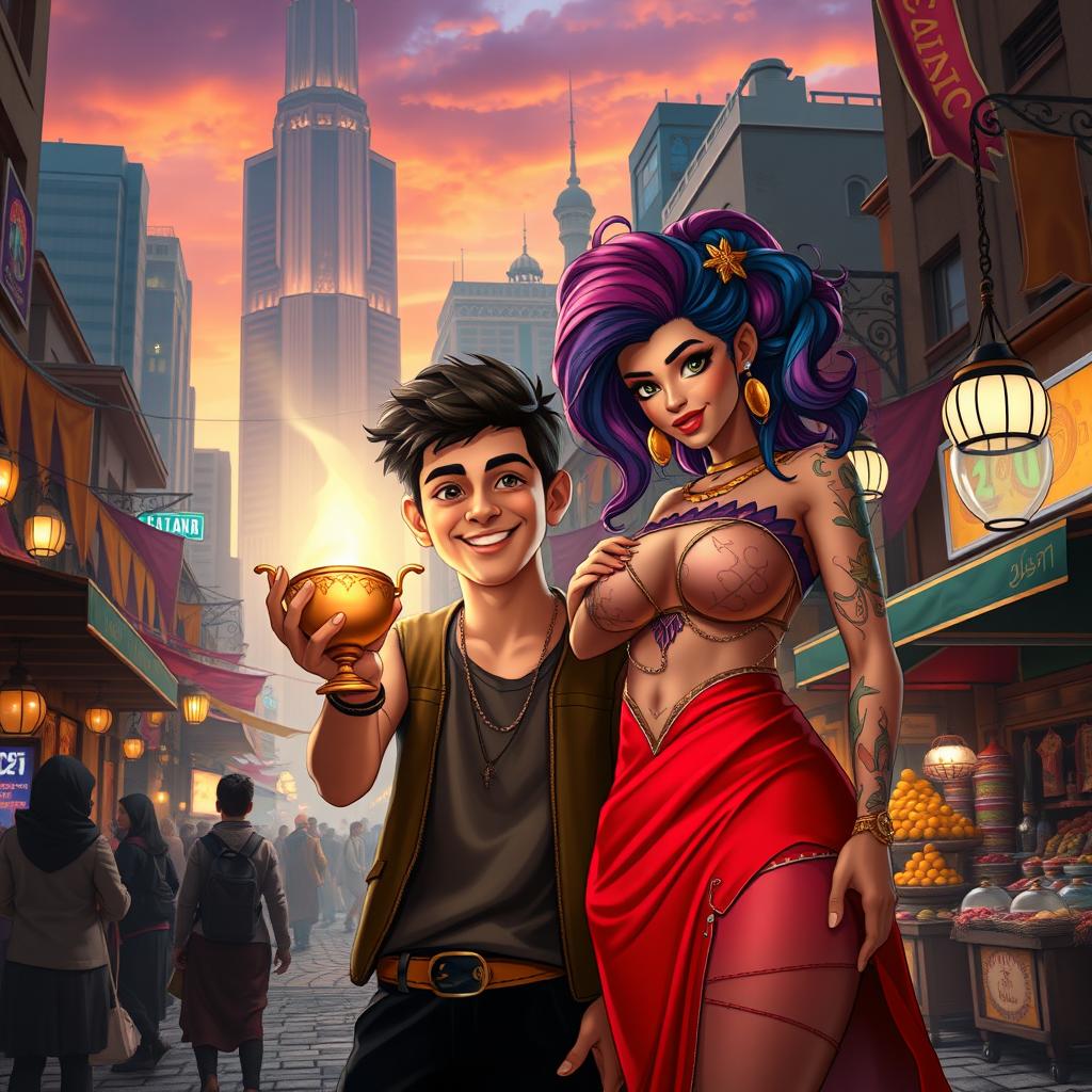 A modern reinterpretation of the classic Aladdin story, featuring a captivating street scene in a bustling urban marketplace