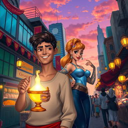 A modern reinterpretation of the classic Aladdin story, featuring a captivating street scene in a bustling urban marketplace