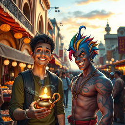 A modern and vibrant reinterpretation of the classic Aladdin story, set in a lively urban marketplace filled with colorful stalls and bustling crowds