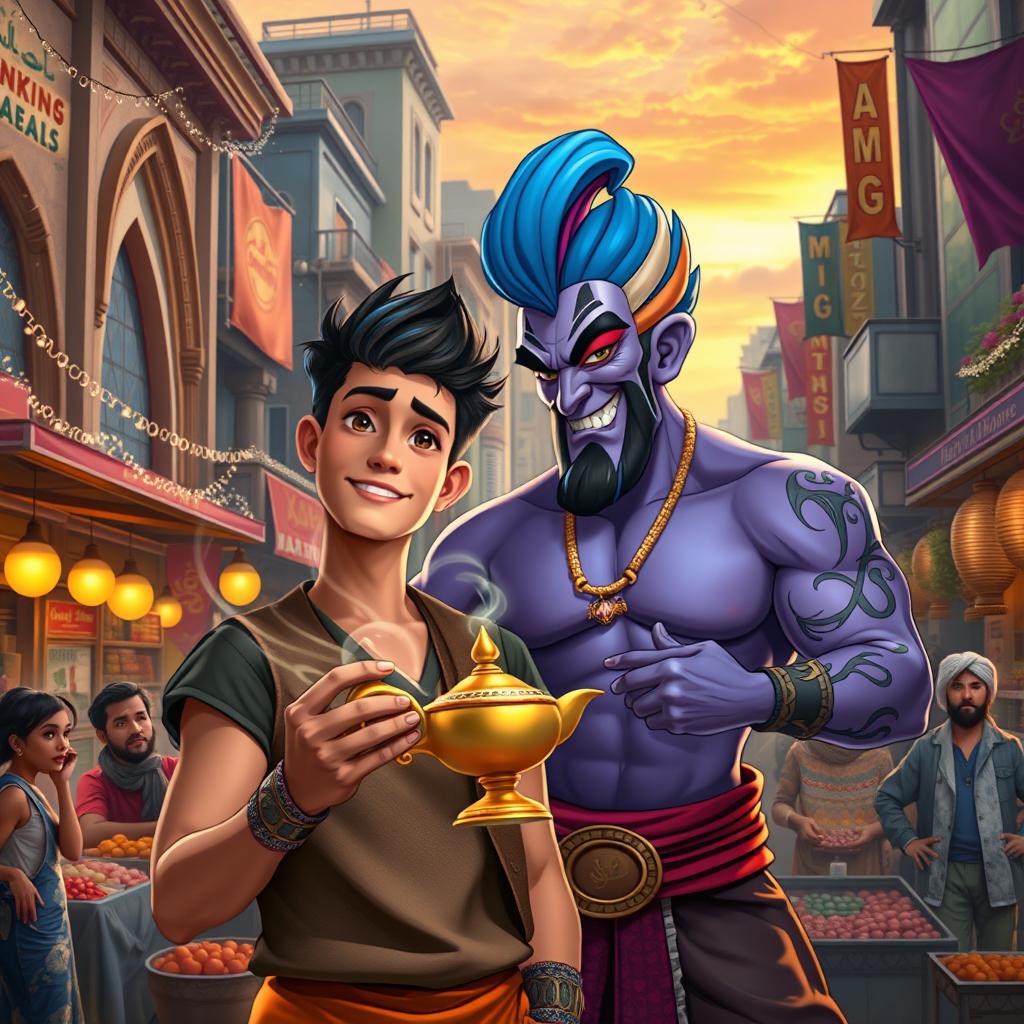 A modern and vibrant reinterpretation of the classic Aladdin story, set in a lively urban marketplace filled with colorful stalls and bustling crowds