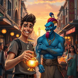 A modern and vibrant reinterpretation of the classic Aladdin story, set in a lively urban marketplace filled with colorful stalls and bustling crowds