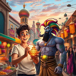A modern and vibrant reinterpretation of the classic Aladdin story, set in a lively urban marketplace filled with colorful stalls and bustling crowds
