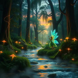 A serene and enchanting forest at twilight, filled with glowing, mystical creatures like fairies and wisps