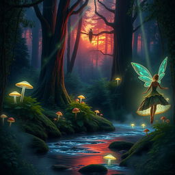 A serene and enchanting forest at twilight, filled with glowing, mystical creatures like fairies and wisps