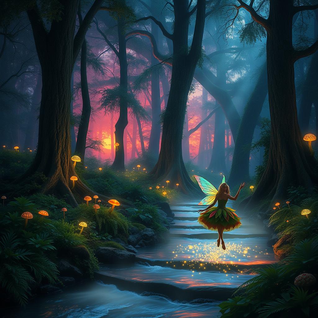 A serene and enchanting forest at twilight, filled with glowing, mystical creatures like fairies and wisps