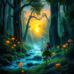 A serene and enchanting forest at twilight, filled with glowing, mystical creatures like fairies and wisps
