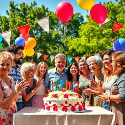 A vibrant and dynamic depiction of a milestone celebration, featuring a diverse group of people joyfully coming together