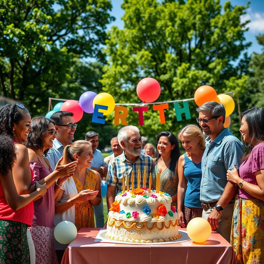 A vibrant and dynamic depiction of a milestone celebration, featuring a diverse group of people joyfully coming together