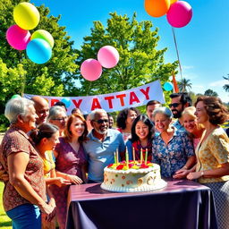 A vibrant and dynamic depiction of a milestone celebration, featuring a diverse group of people joyfully coming together