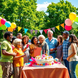 A vibrant and dynamic depiction of a milestone celebration, featuring a diverse group of people joyfully coming together