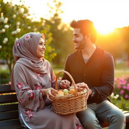A romantic scene of a couple in a beautiful park during sunset